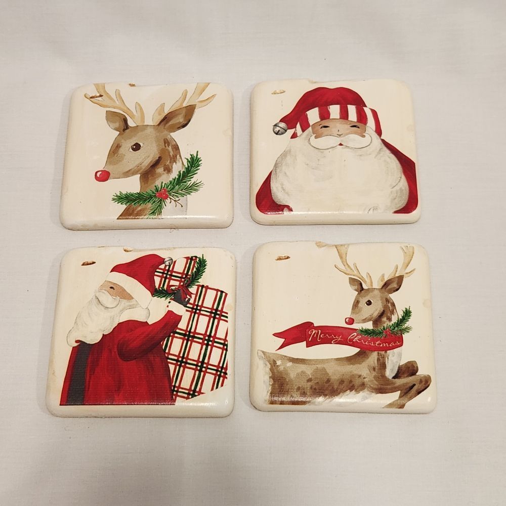 Mud Pie Tartan Resin Coaster‎ Set of 4 2019 Santa Reindeer Adorable!
